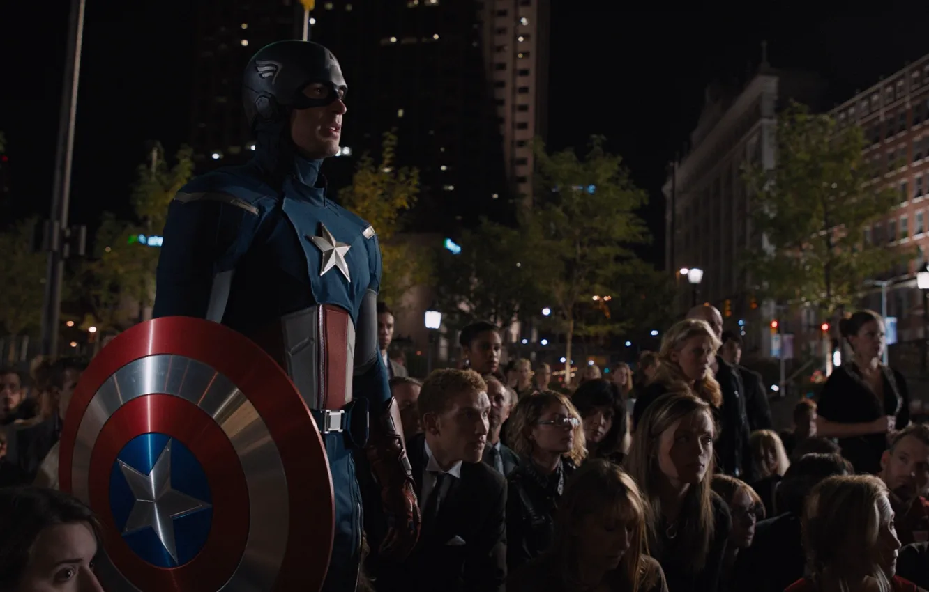 Photo wallpaper the crowd, costume, team, shield, Marvel, Captain America, superheroes, Chris Evans