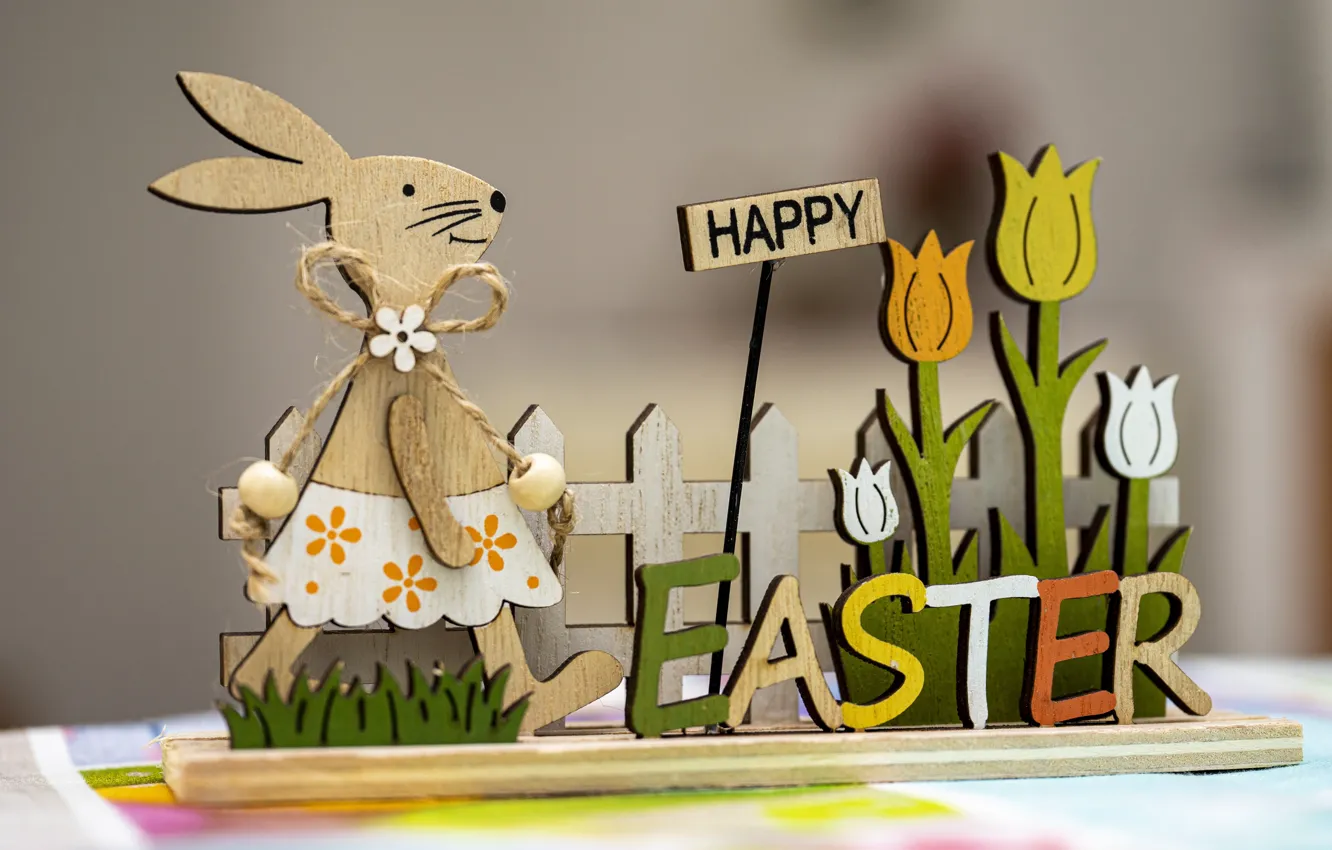 Photo wallpaper flowers, holiday, the inscription, toy, spring, rabbit, Easter, tulips