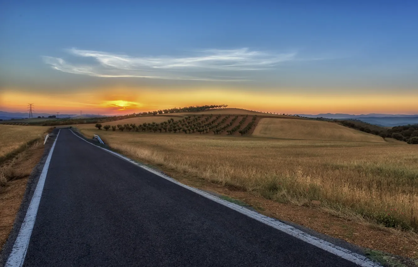 Photo wallpaper nature, field, sunset, road