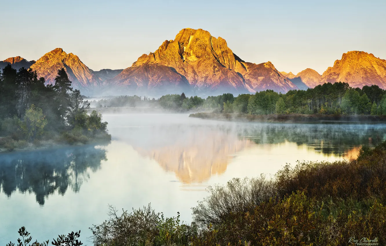 Photo wallpaper forest, landscape, mountains, nature, fog, river