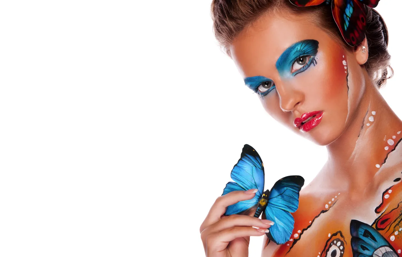 Photo wallpaper look, girl, style, background, butterfly, model, body art, body art