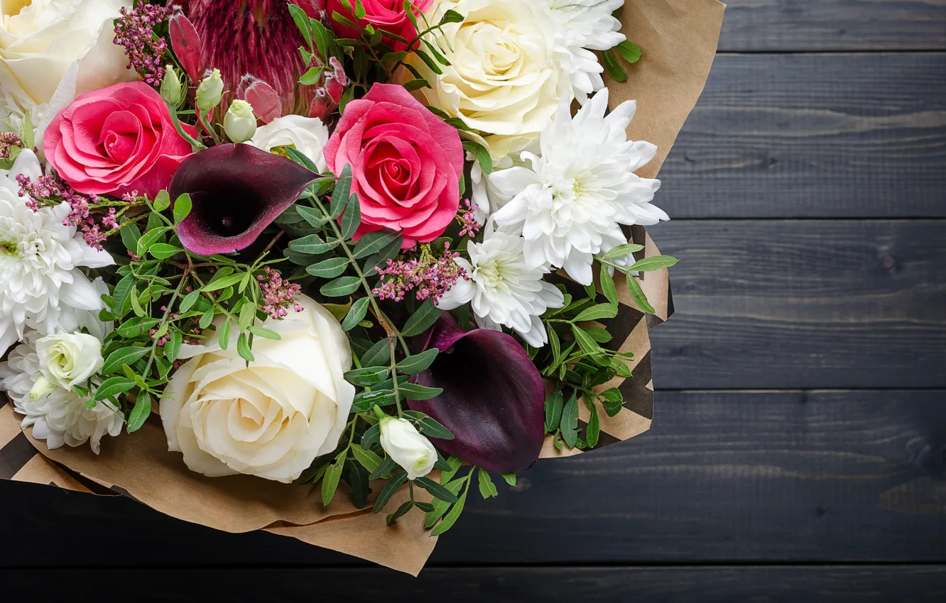 Photo wallpaper flowers, roses, bouquet, Calla lilies