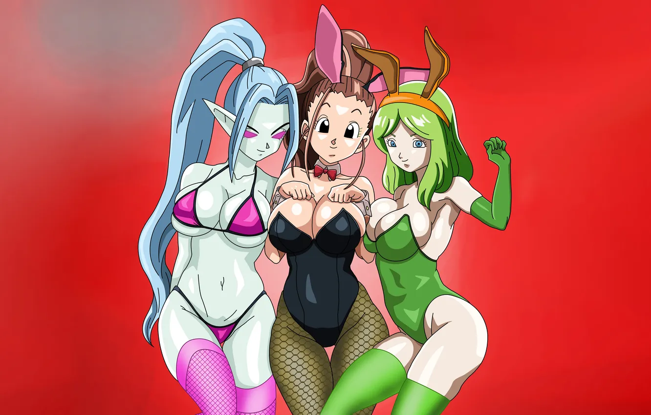 Photo wallpaper sexy, cleavage, thighhighs, long hair, legs, girls, brown hair, boobs