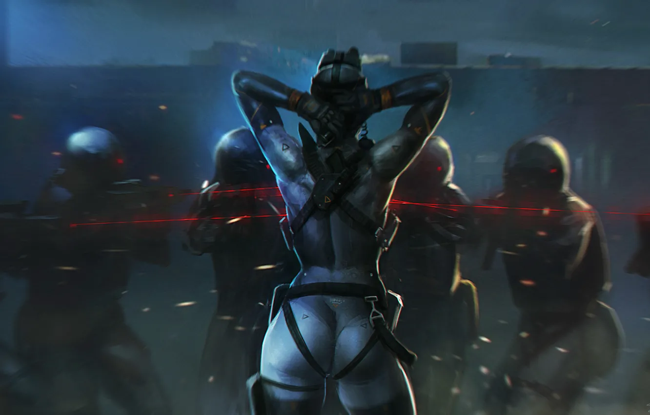 Photo wallpaper girl, night, back, art, soldiers, sight, commando, laser