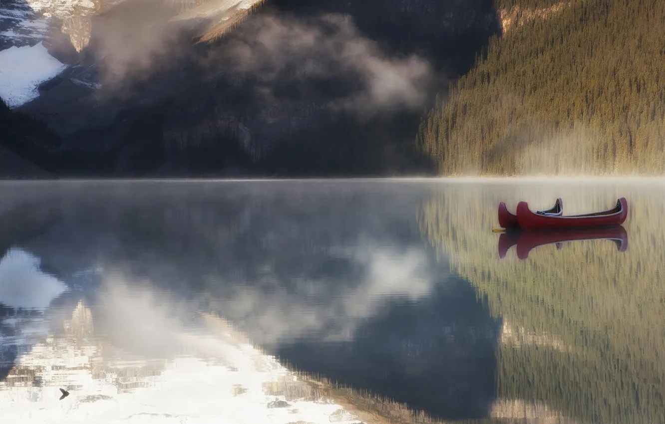 Photo wallpaper mountains, lake, boat, morning, haze, Lake Louise, Canada, Canoeing