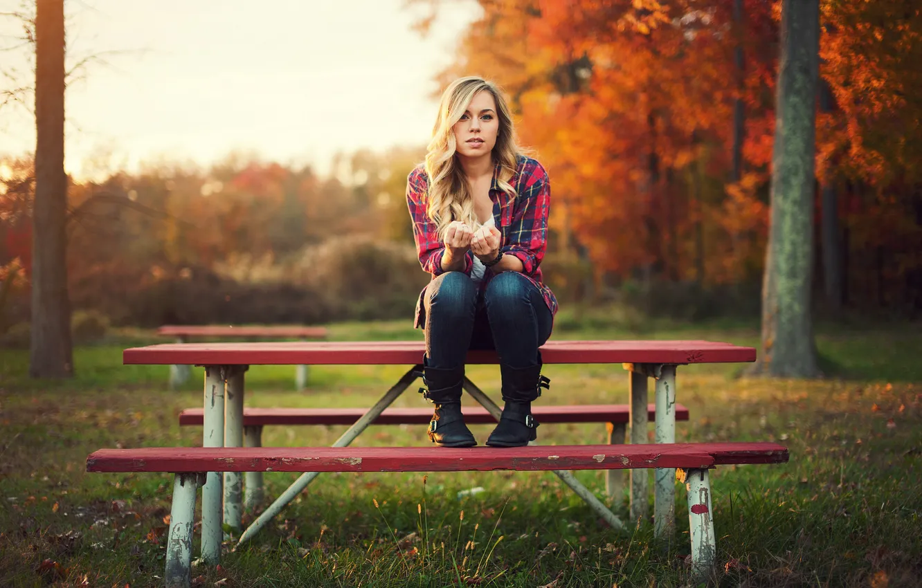 Photo wallpaper autumn, girl, table, foliage, girl