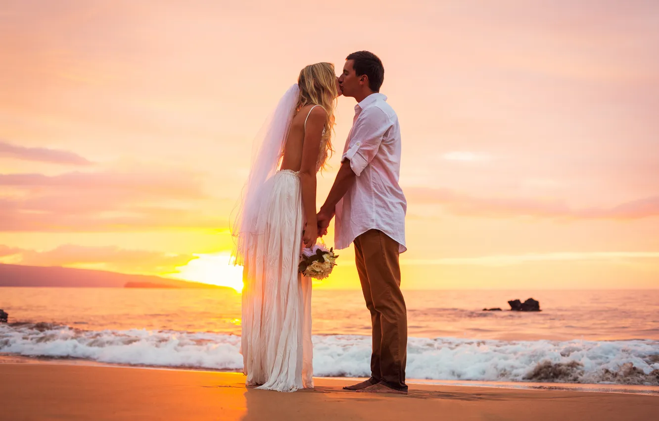 Photo wallpaper sea, beach, the sky, girl, clouds, sunset, nature, the bride