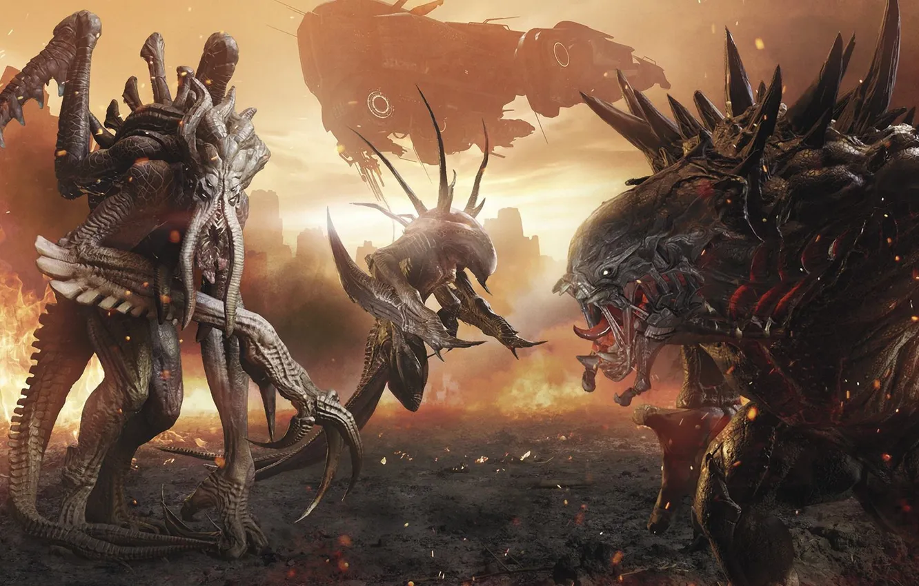 Photo wallpaper the sky, lights, flame, smoke, monster, claws, beast, spaceship