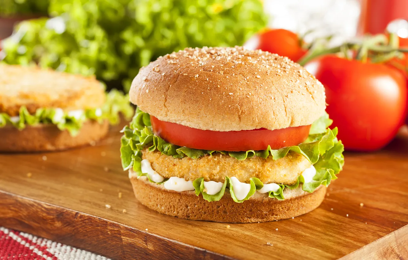 Photo wallpaper chicken, vegetables, tomatoes, hamburger, Patty, sandwich, roll, sesame