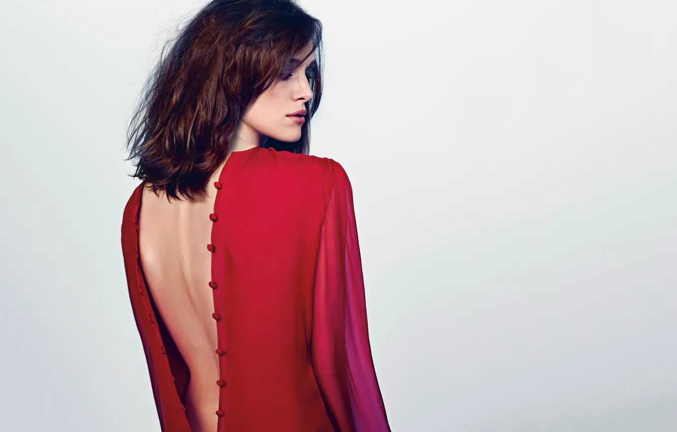 Photo wallpaper girl, red, back, dress, actress, buttons, profile, Keira Knightley