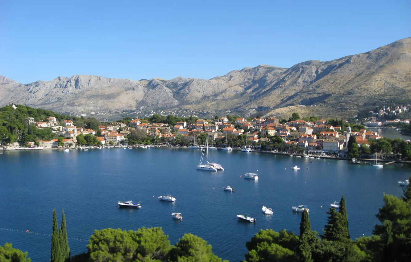 Photo wallpaper sea, mountains, the city, Croatia, Jadran, Cavtat