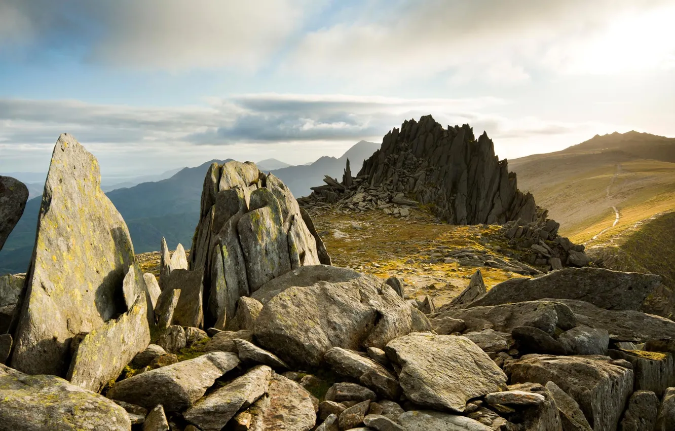 Photo wallpaper mountains, stones, rocks, Wales, Snowdonia