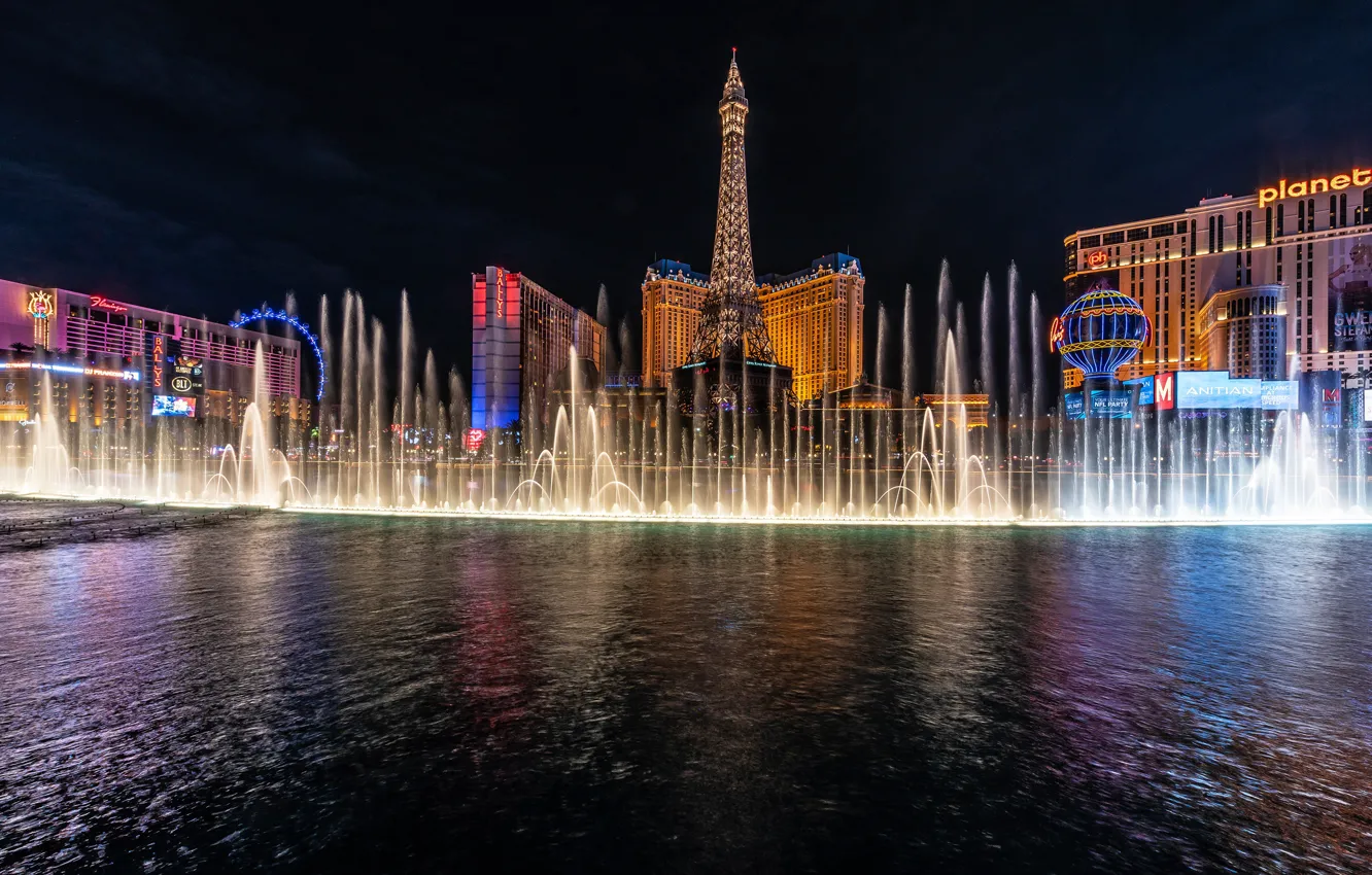 Photo wallpaper night, building, Las Vegas, fountain, USA, the hotel, Nevada, Las Vegas