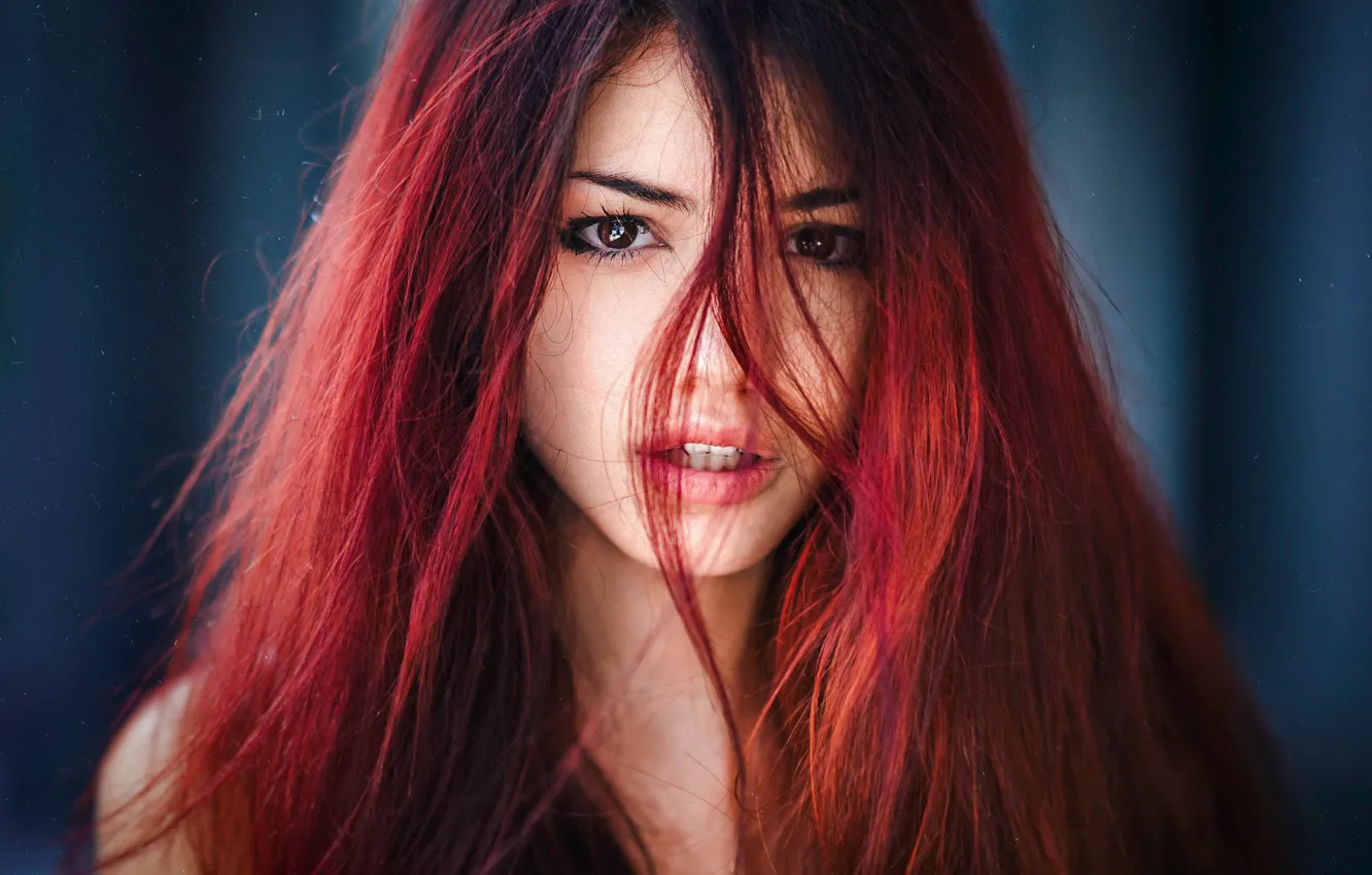 Photo wallpaper light, red, girl, eyes, beautiful, model, beauty, blur
