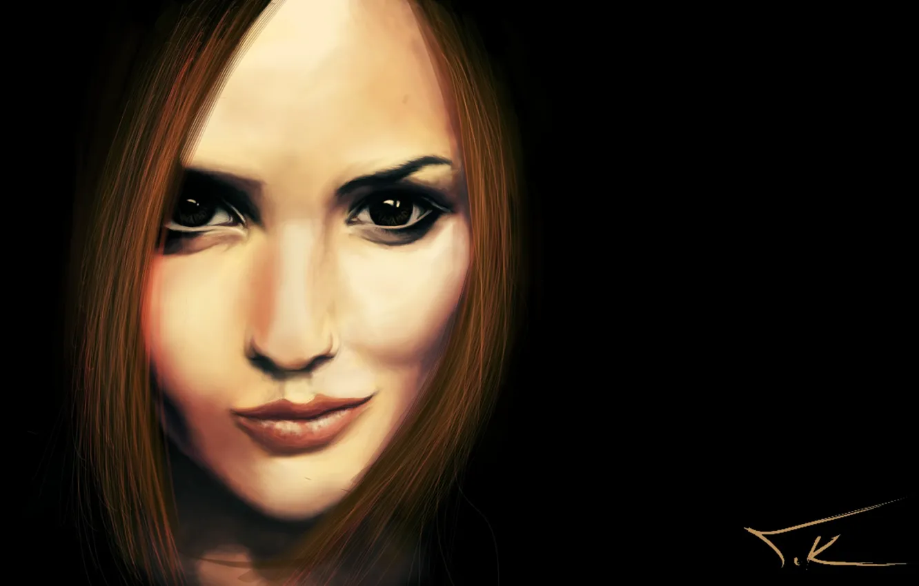 Photo wallpaper girl, face, smile, hair, art, black background, black eyes