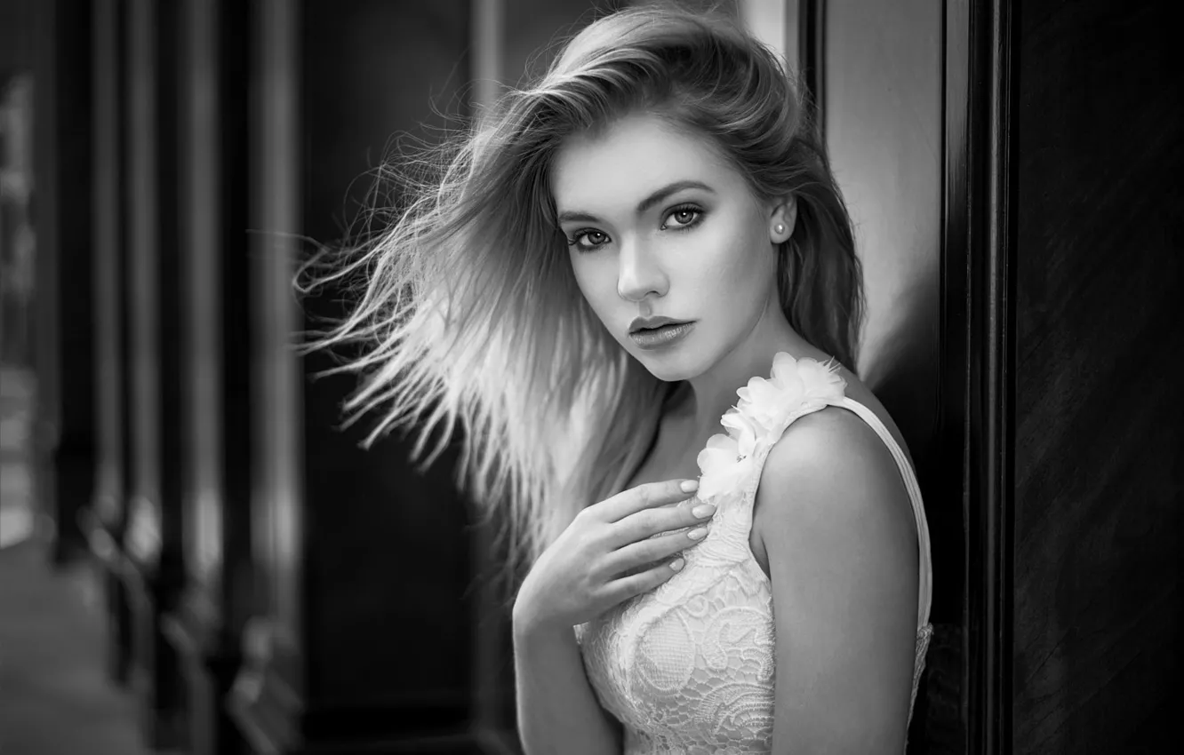 Photo wallpaper look, girl, portrait, makeup, hairstyle, beauty, black and white, Anna