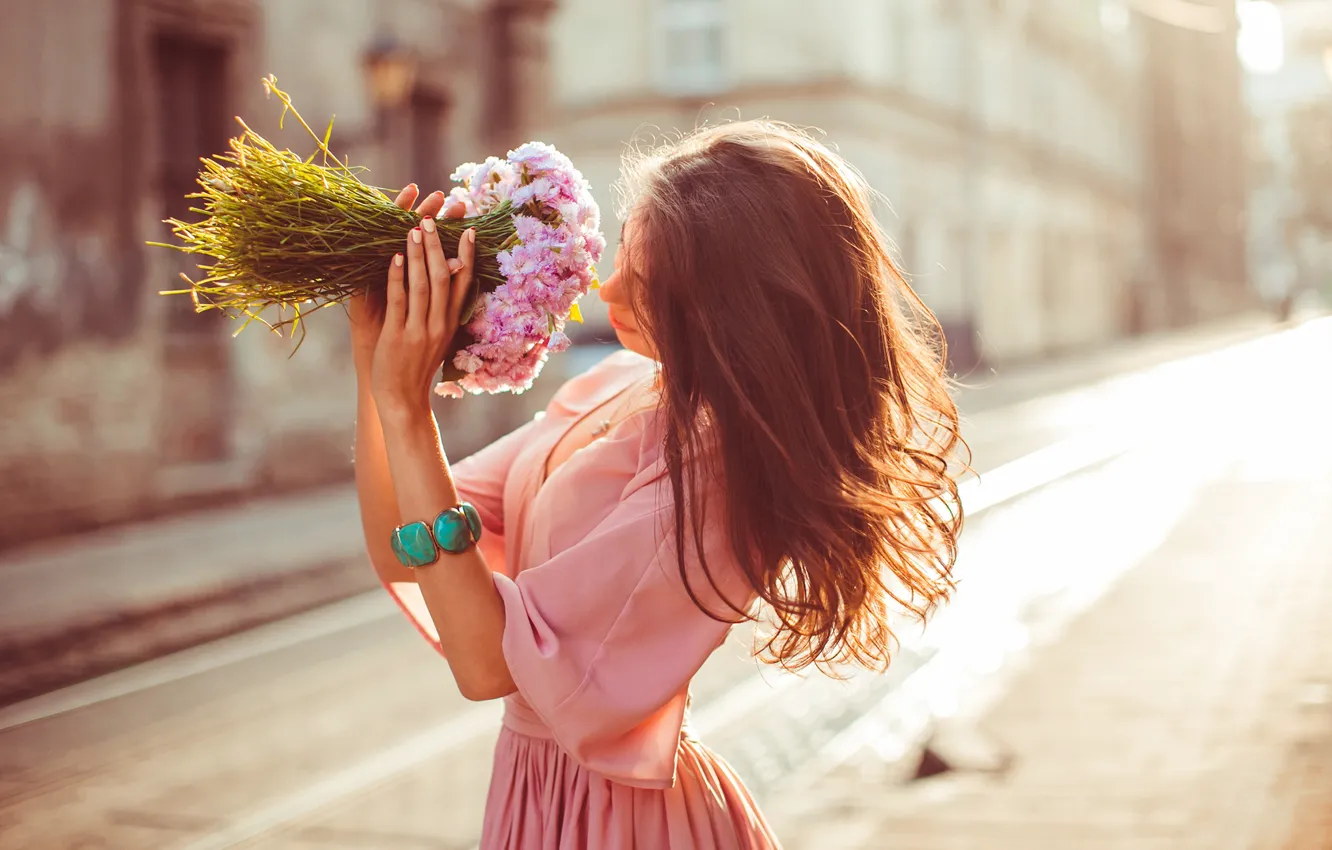 Photo wallpaper girl, flowers, pose, street, hair, blouse