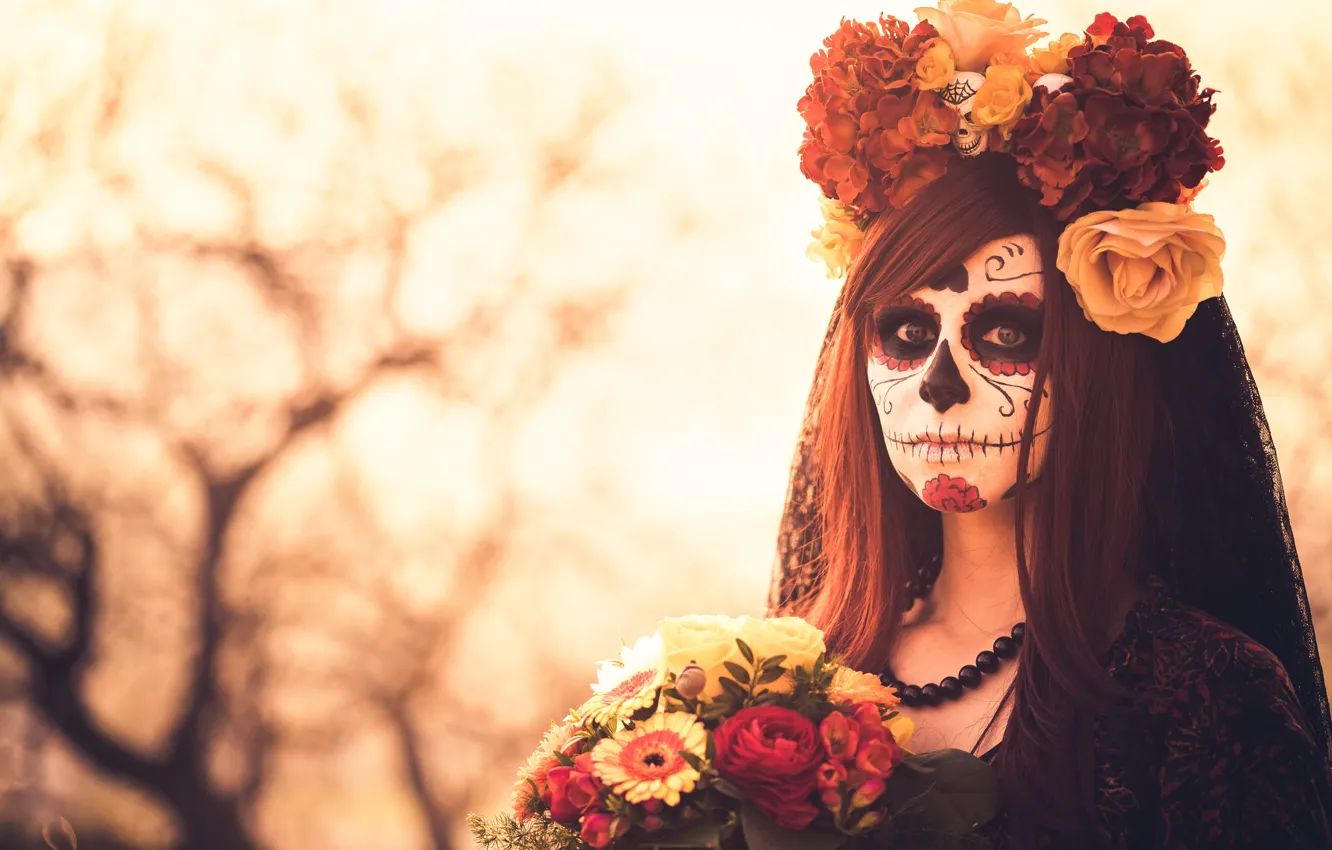 Photo wallpaper flowers, makeup, makeup, Day of the dead