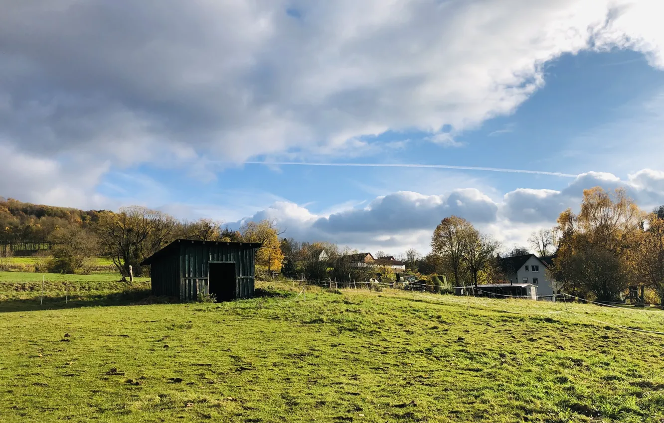 Photo wallpaper autumn, the sky, grass, clouds, blue, clouds, home, the barn