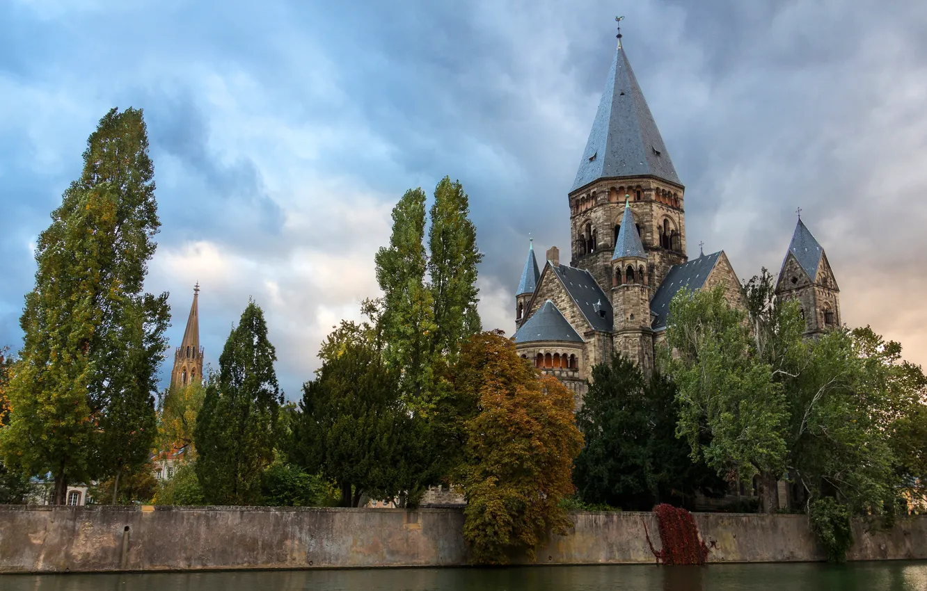 Photo wallpaper autumn, clouds, trees, clouds, river, France, temple, Metz