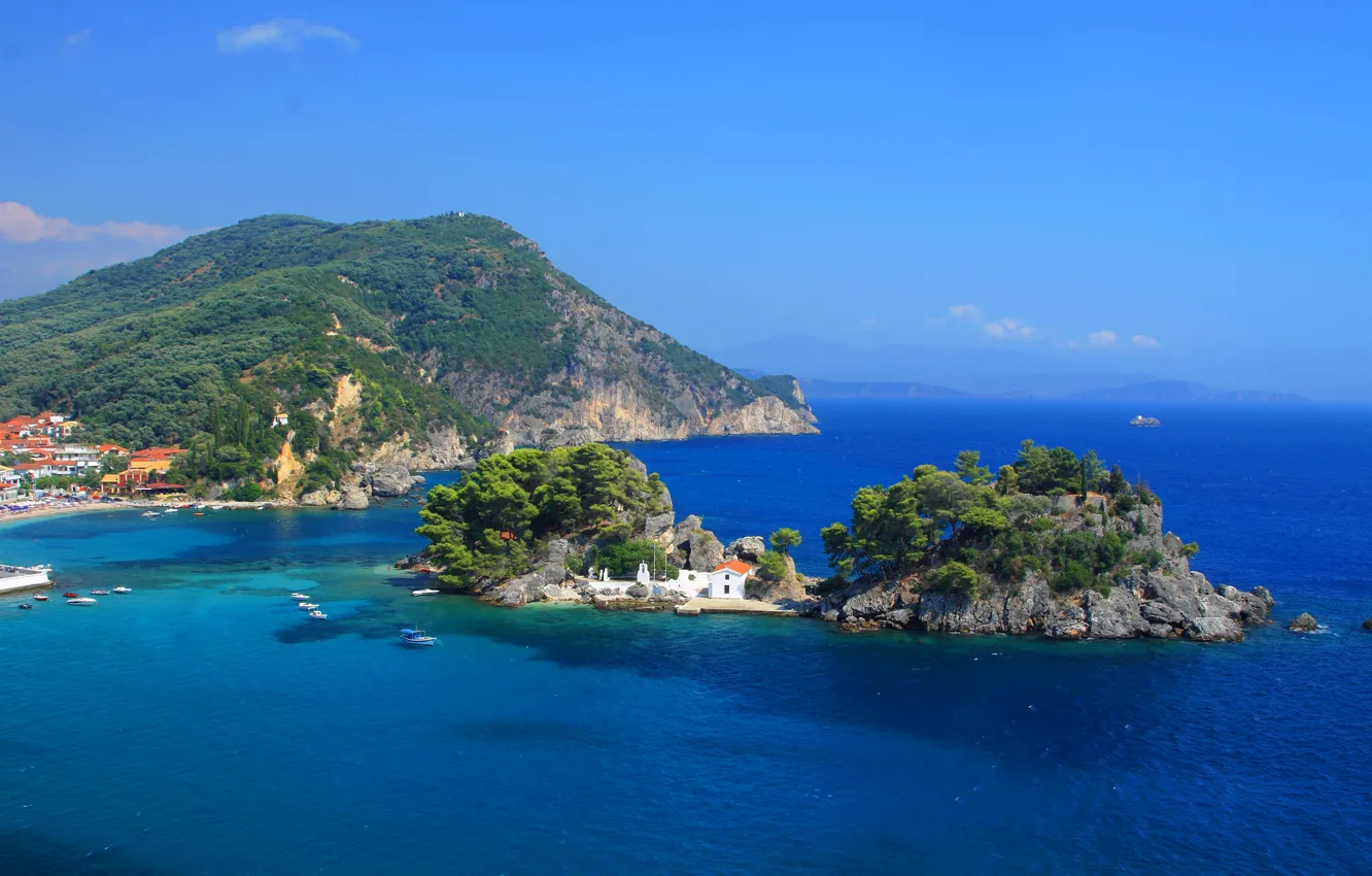 Photo wallpaper sea, Islands, mountains, boats, Greece, Panagia