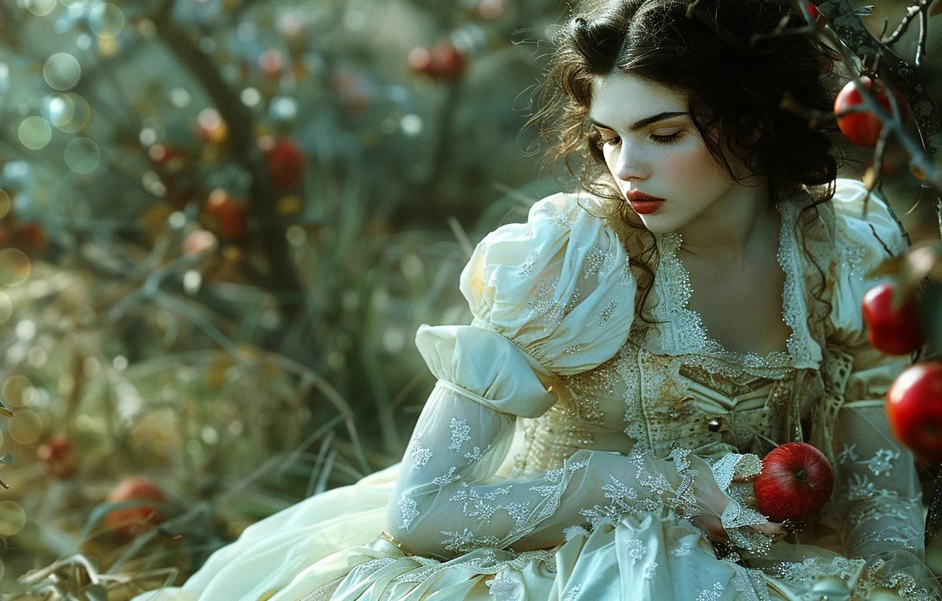 Photo wallpaper girl, red, fantasy, apples, garden, brunette, fantasy, hairstyle