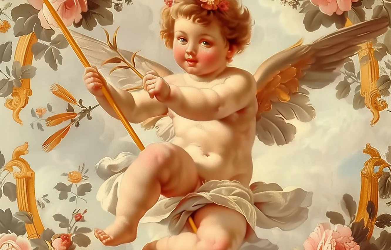 Photo wallpaper flowers, Cupid, wings, boy, Cupid, digital art, AI art, The Art of Artificial Intelligence