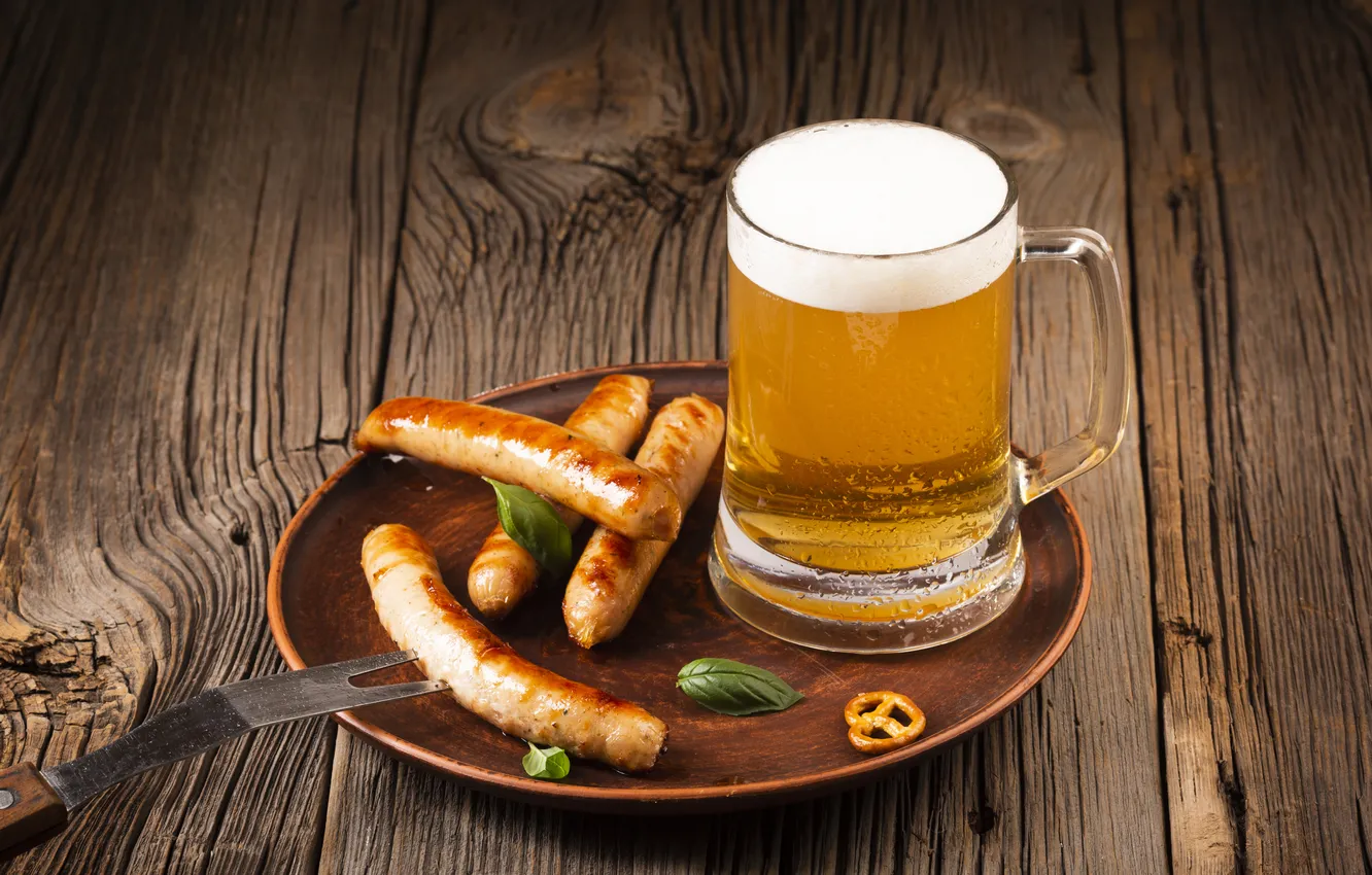 Photo wallpaper view, mug, sausages, High Angle, Wooden Background
