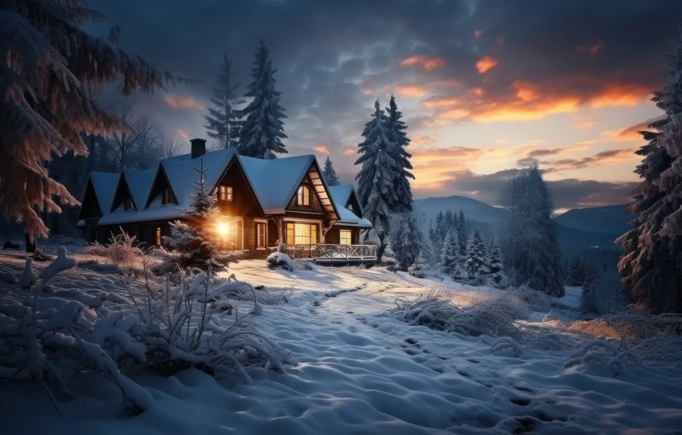 Photo wallpaper winter, snow, nature, Christmas, New year, houses, house, hut