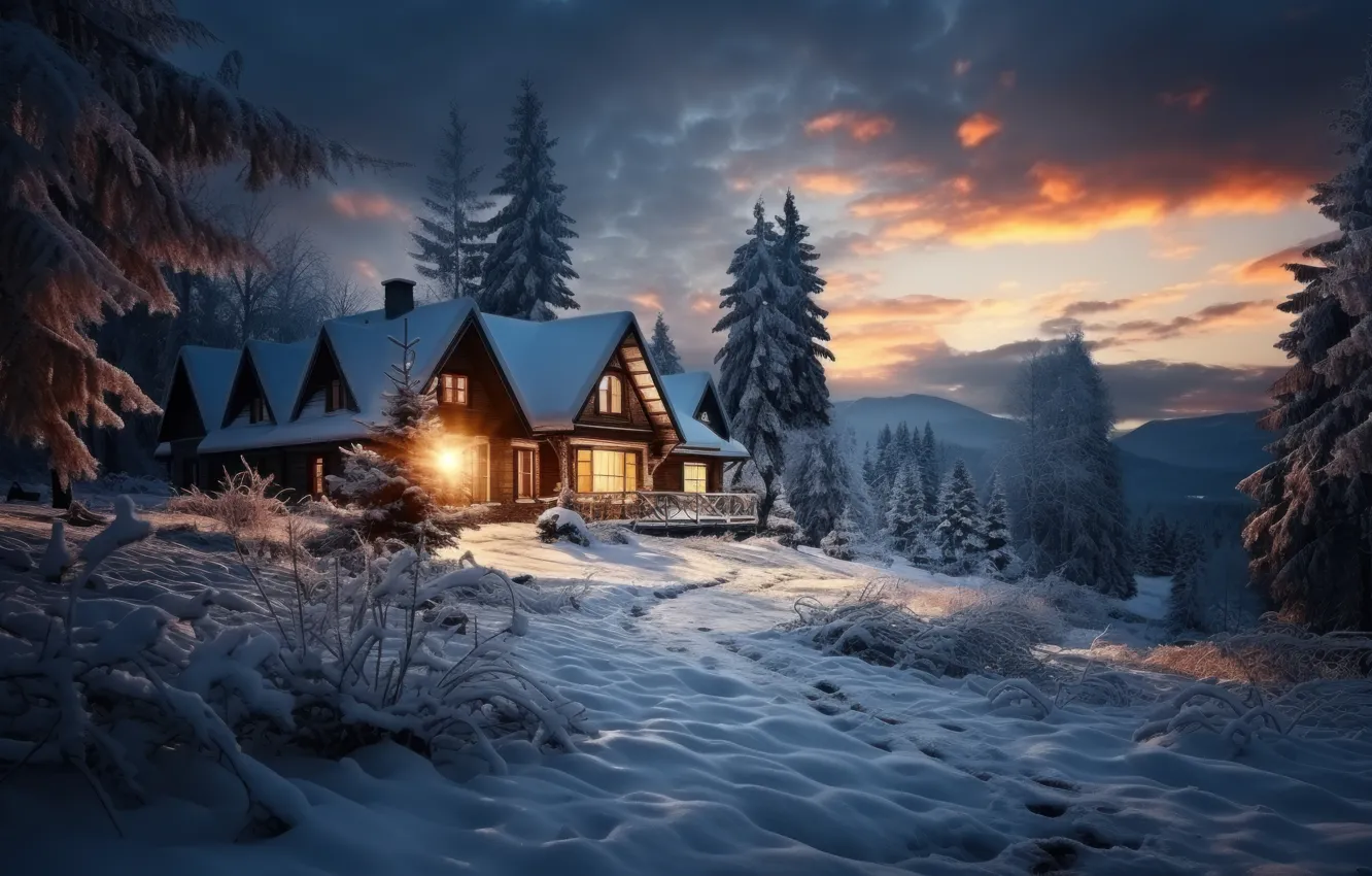 Photo wallpaper winter, snow, nature, new year, Christmas, house, hut, cottage
