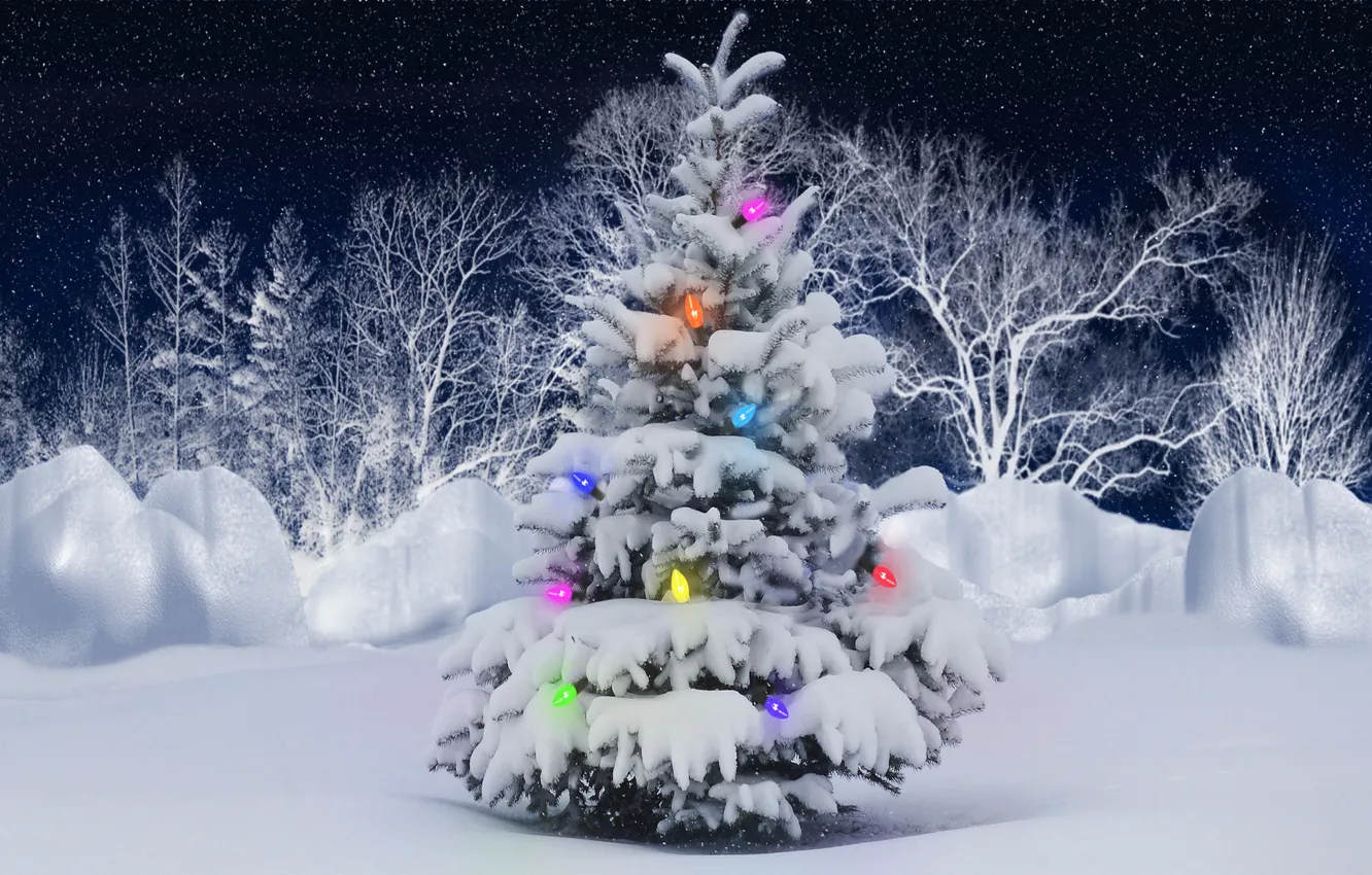 Photo wallpaper winter, forest, snow, lights, new year, tree, girllady