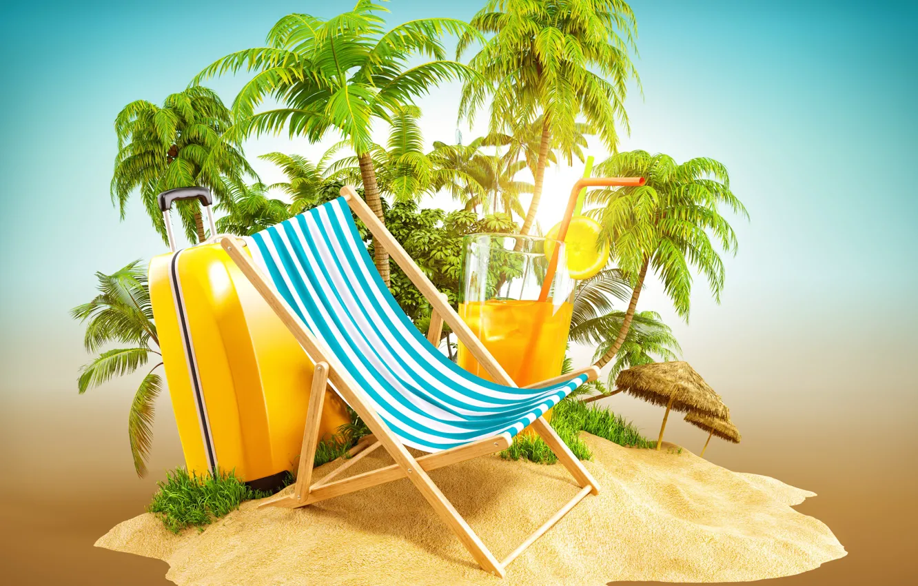 Photo wallpaper sand, tropics, palm trees, creative, stay, island, cocktail, suitcase