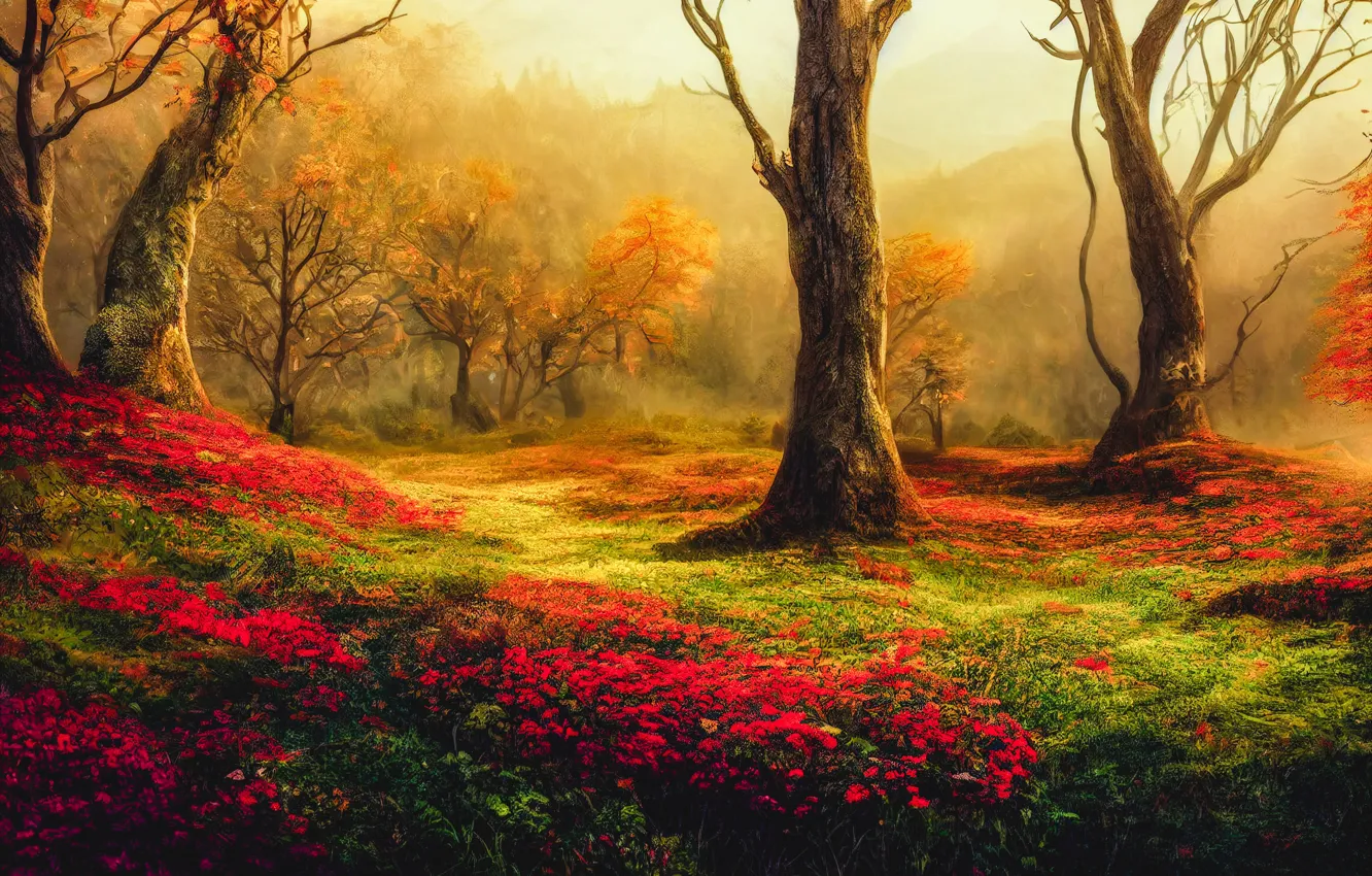 Photo wallpaper autumn, forest, grass, trees, landscape, flowers, branches, red