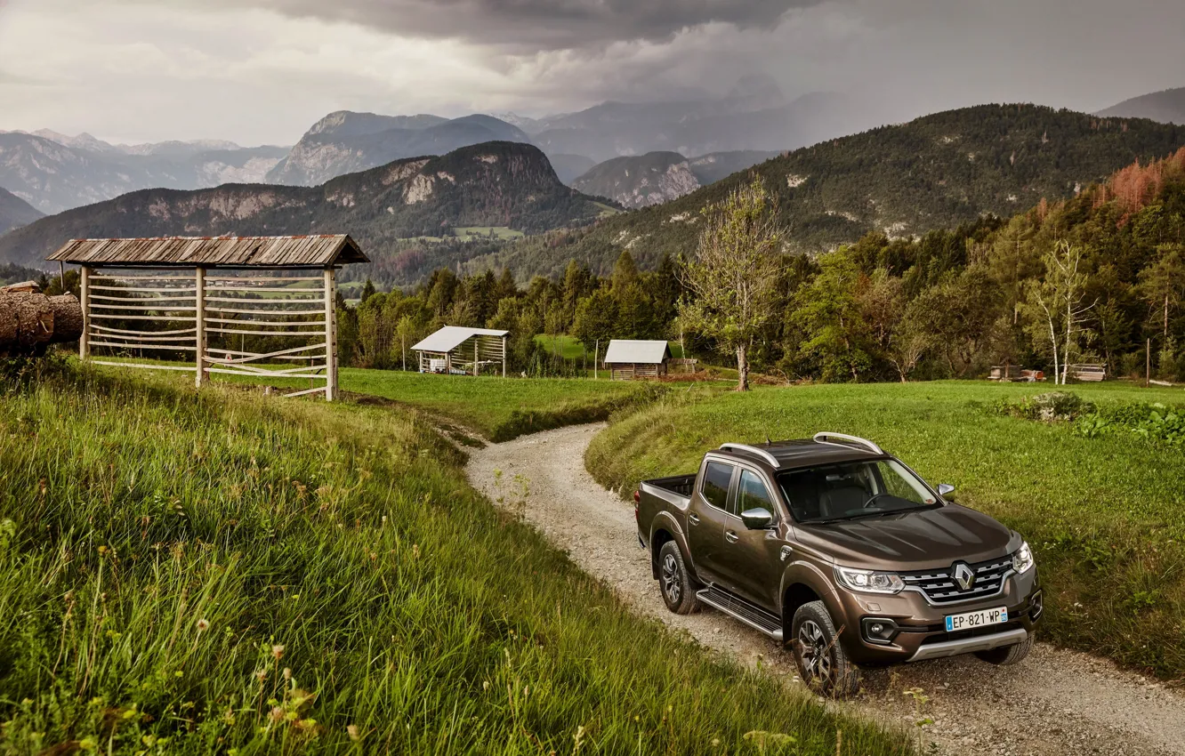 Photo wallpaper grass, mountains, meadow, Renault, brown, pickup, 4x4, 2017