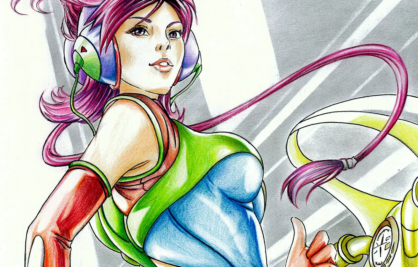 Photo wallpaper girl, red, face, hair, figure, pencils, headphones, art