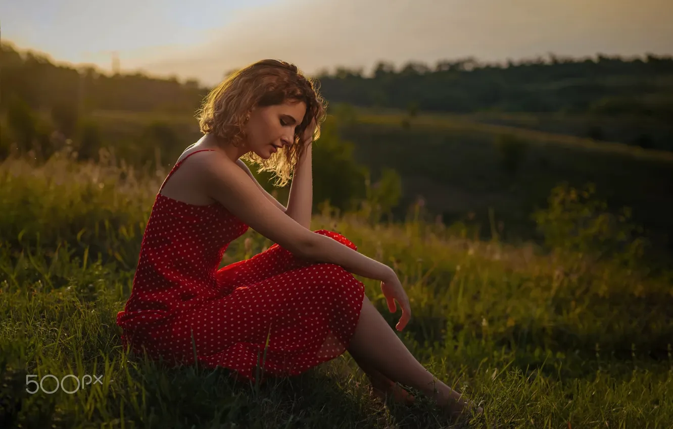 Photo wallpaper girl, nature, dress, sitting, Roma Chernotitckiy