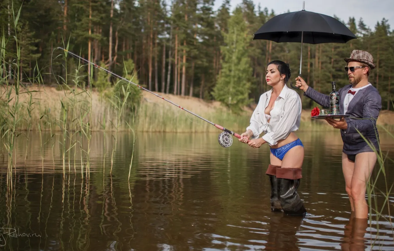 Photo wallpaper model, fishing, river, rod, the waiters, Madame, fishing
