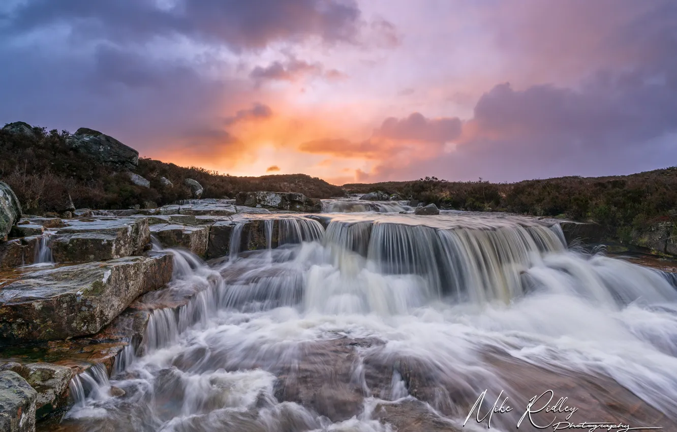 Photo wallpaper the sky, grass, clouds, stream, stones, dawn, waterfall, Scotland