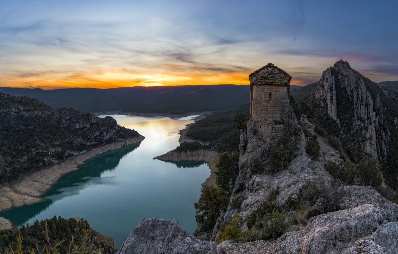 Photo wallpaper landscape, mountains, nature, river, rocks, Church, Spain, Catalonia