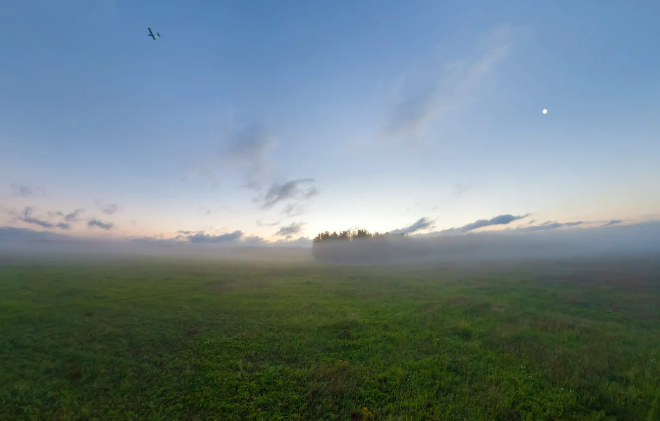 Photo wallpaper field, fog, the moon, morning, the plane