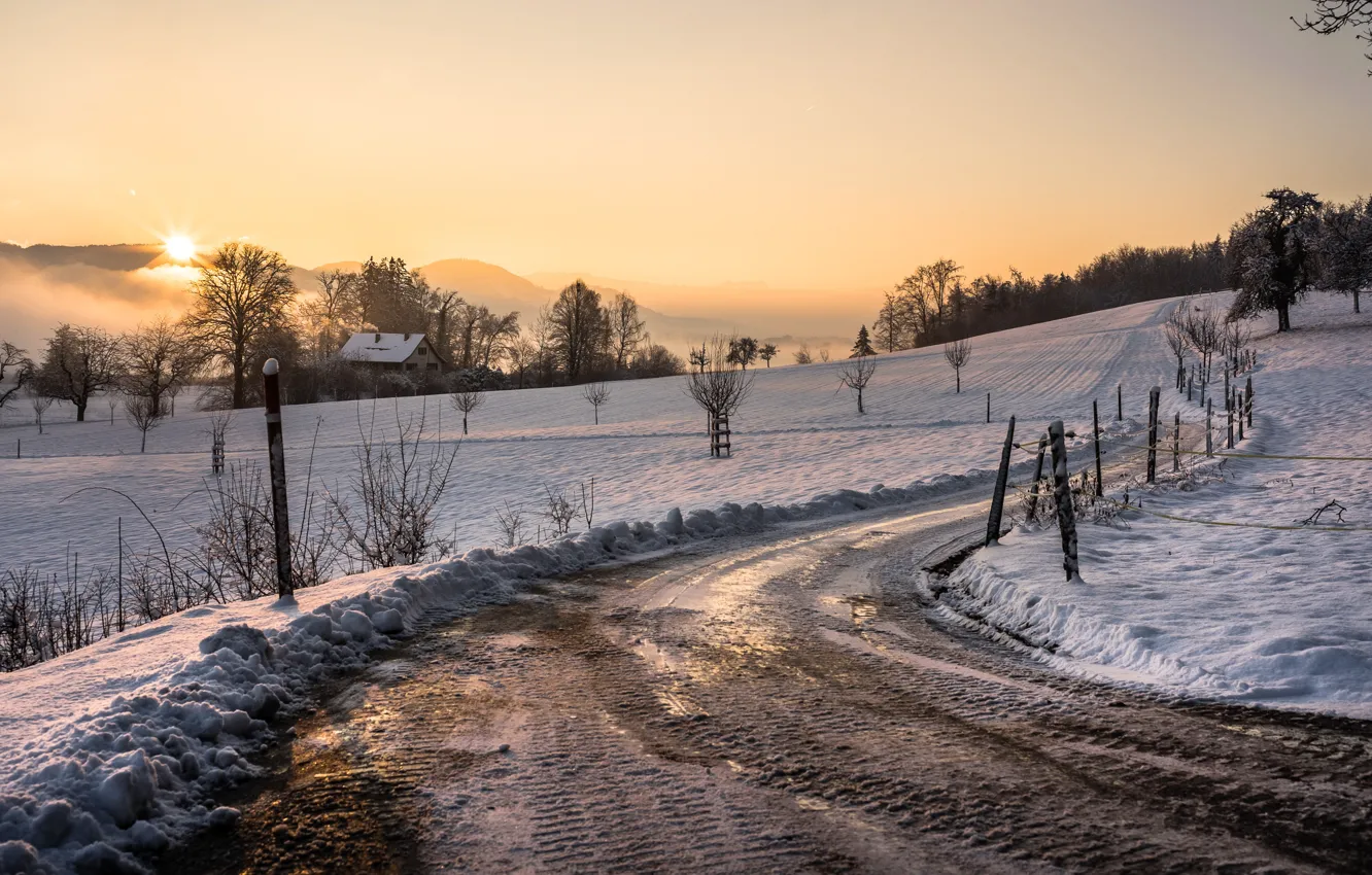 Photo wallpaper winter, road, sunset