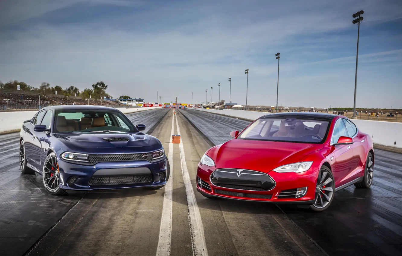 Photo wallpaper Dodge, Dodge, Charger, Tesla, the charger, SRT, Model S, 2015