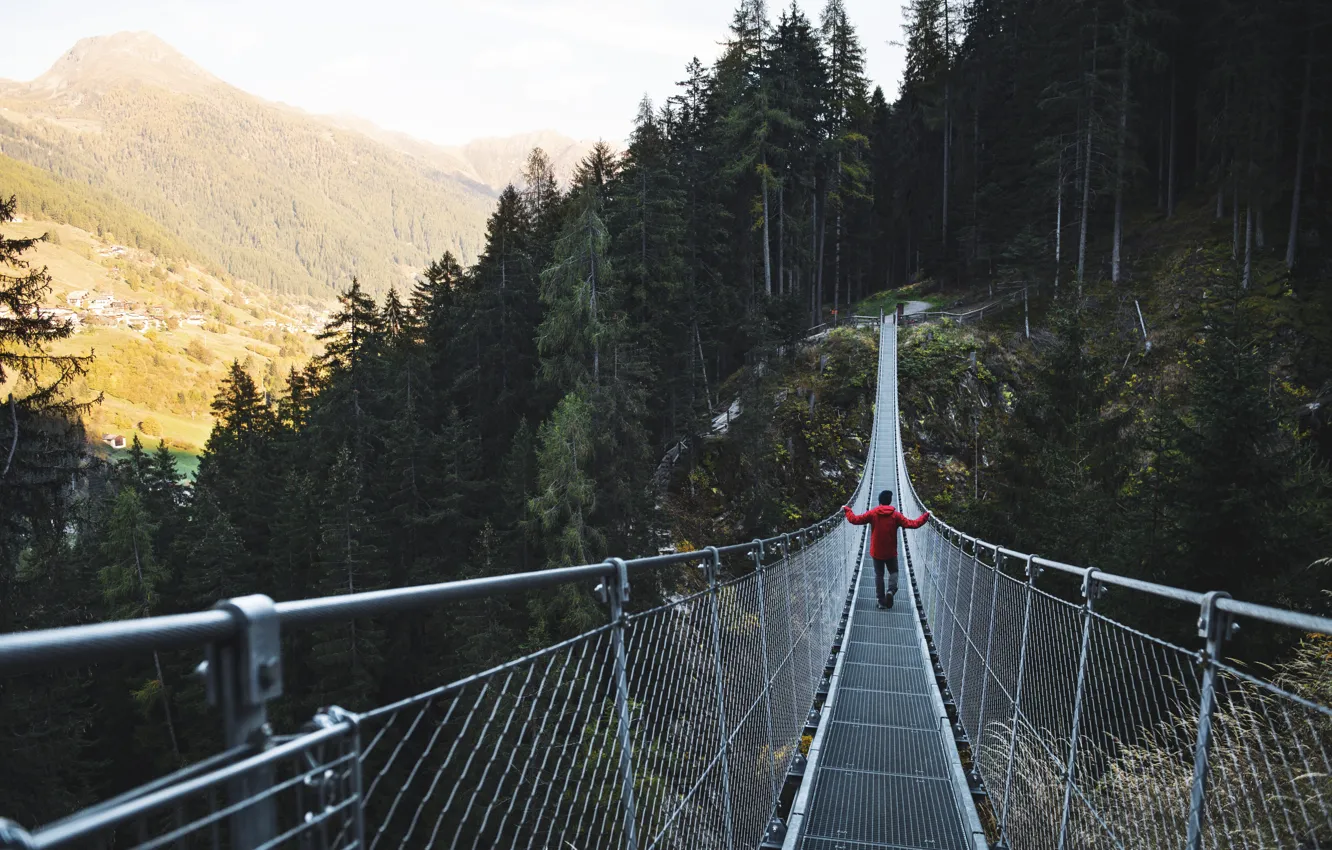 Photo wallpaper Bridge, Autumn, Trees, Male, Autumn, Suspension bridge, Northern Italy, Suspension bridge