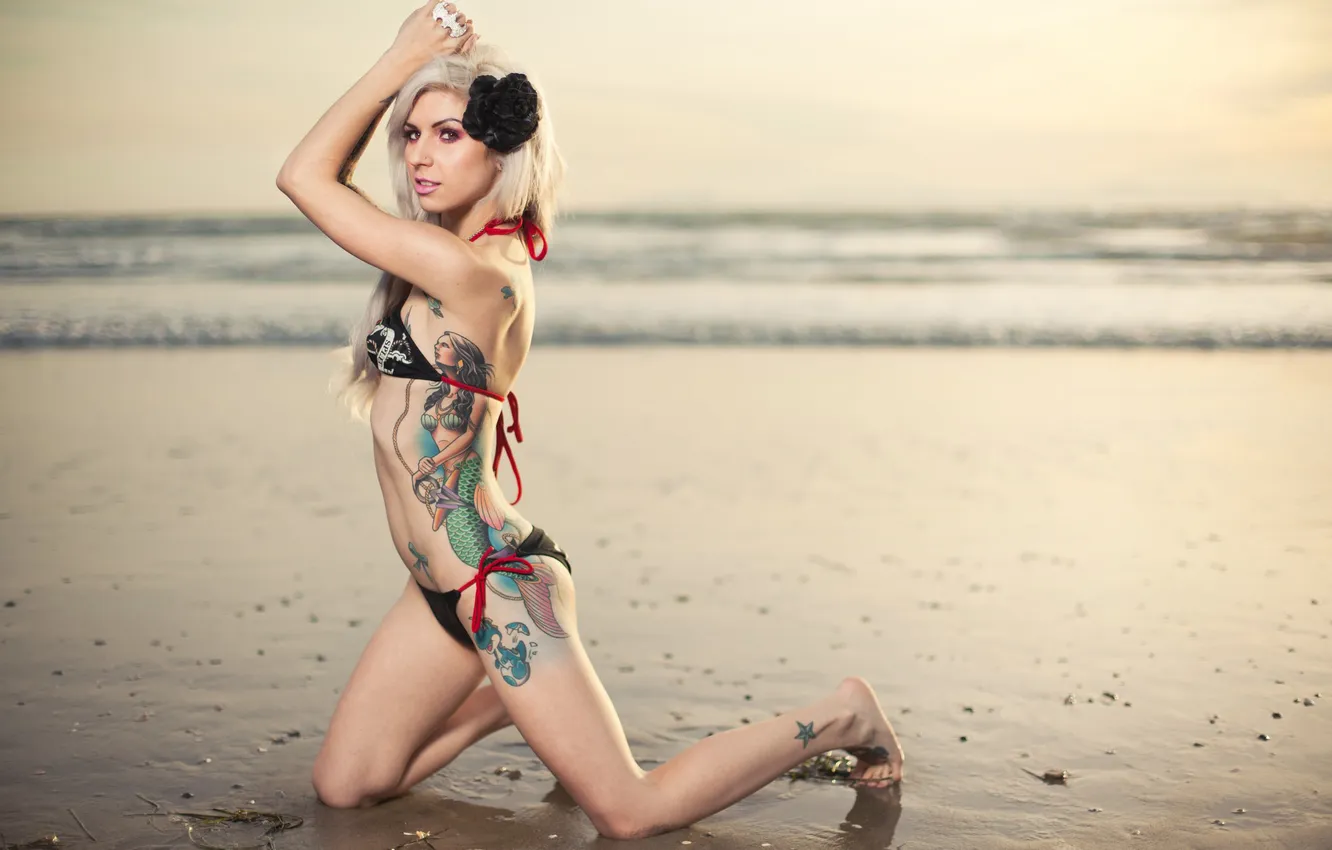 Photo wallpaper sand, sea, beach, swimsuit, girl, body, mermaid, tattoo