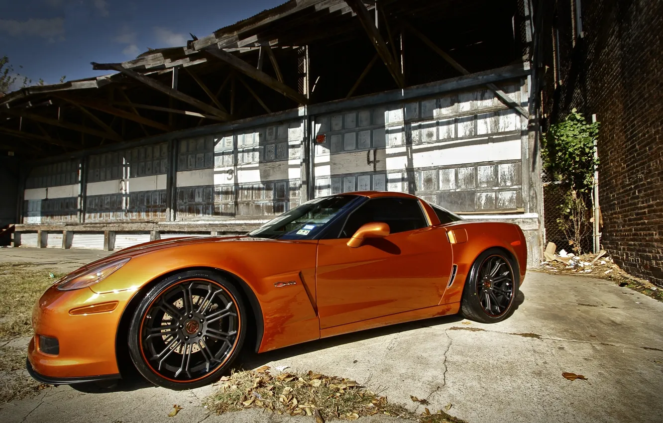 Photo wallpaper orange, building, Z06, Corvette, Chevrolet, Chevrolet, side view, orange