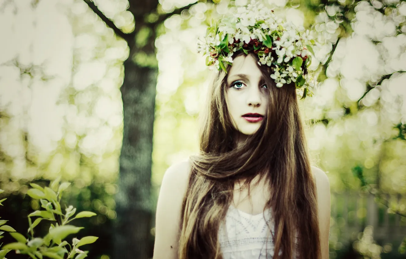 Photo wallpaper forest, girl, flowers, brown hair, wreath, long-haired