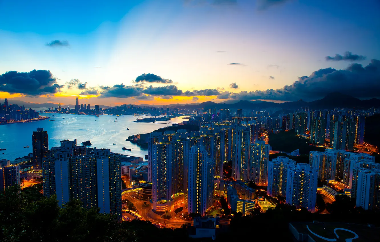 Photo wallpaper the sky, landscape, clouds, the city, lights, building, the evening