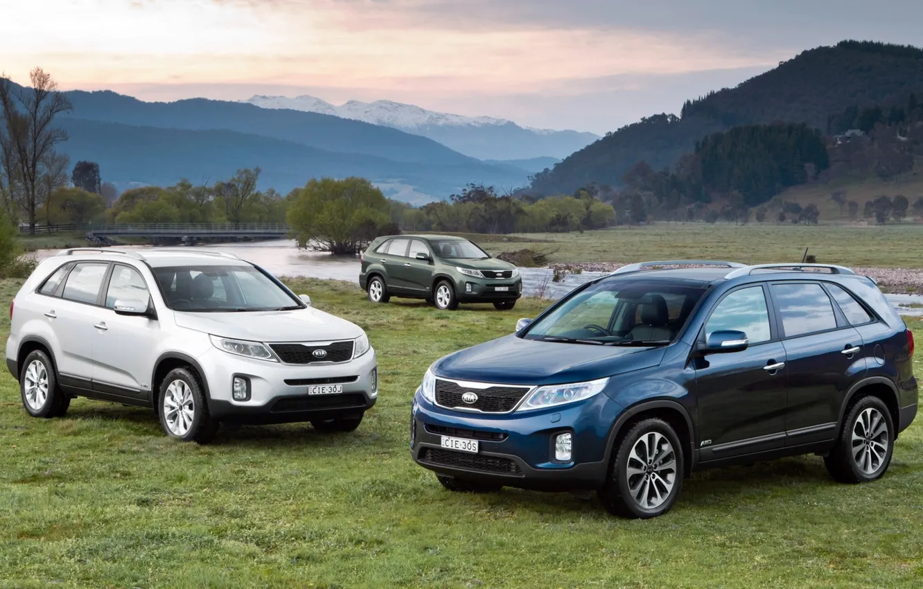 Photo wallpaper the sky, grass, mountains, blue, green, river, grey, jeep