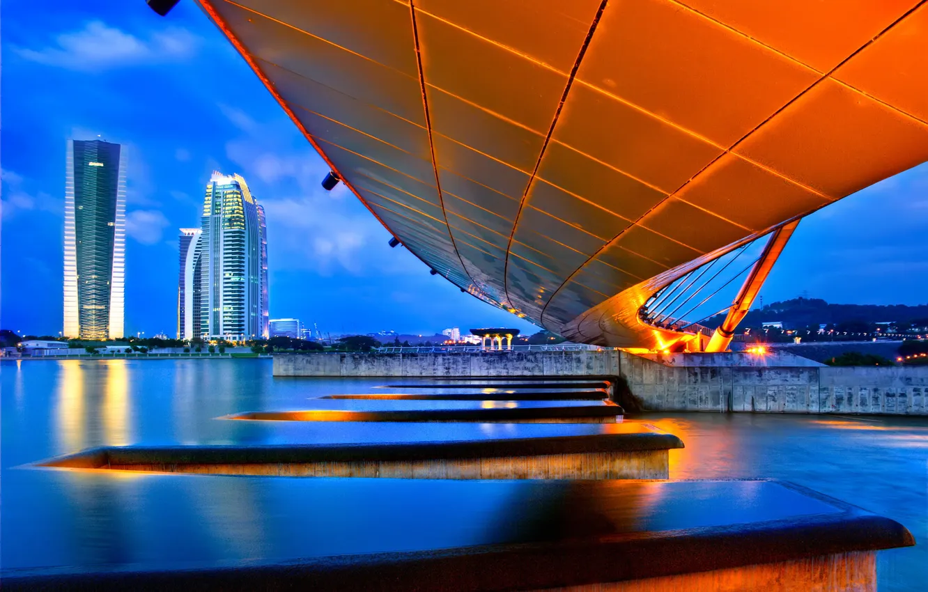 Photo wallpaper bridge, lights, river, the evening