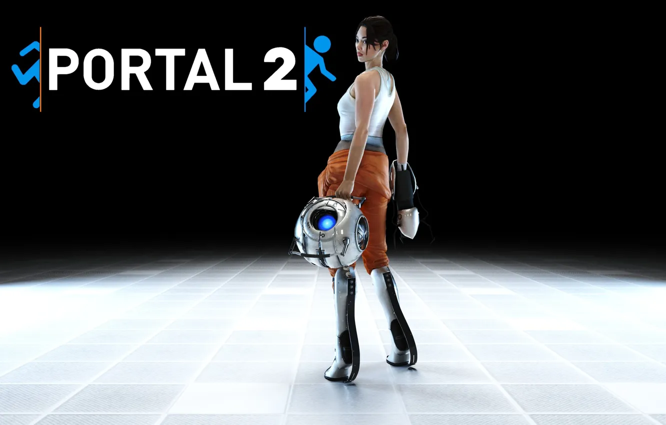 Photo wallpaper girl, the inscription, robot, black background, Portal 2, Whitley, chell